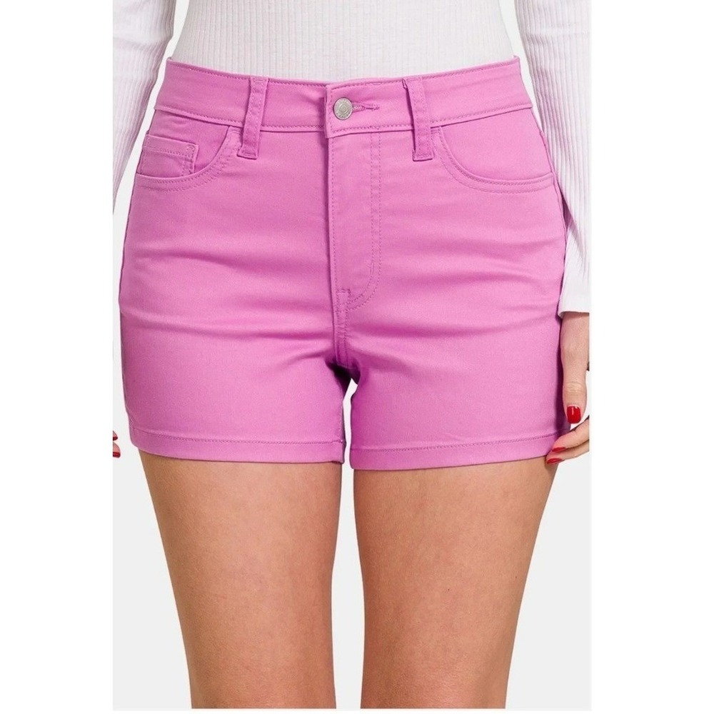 Zenana High Waist Denim Shorts Mauve Pink Five Pocket Stretch 58% Cotton Med